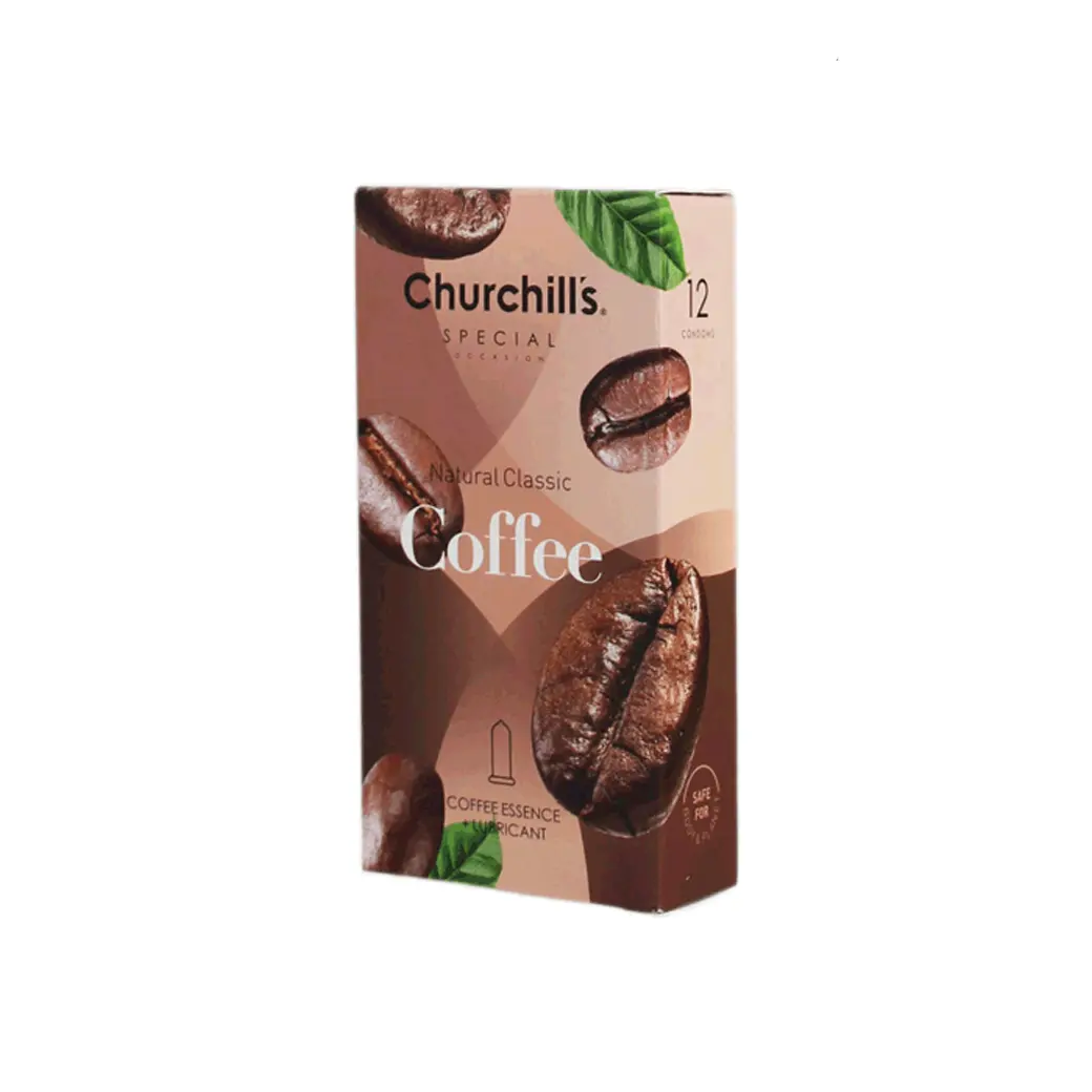 کاندوم کلاسیک چرچیلز مدل Coffee حاوی اسانس قهوه و روان کننده بسته 12 عددی