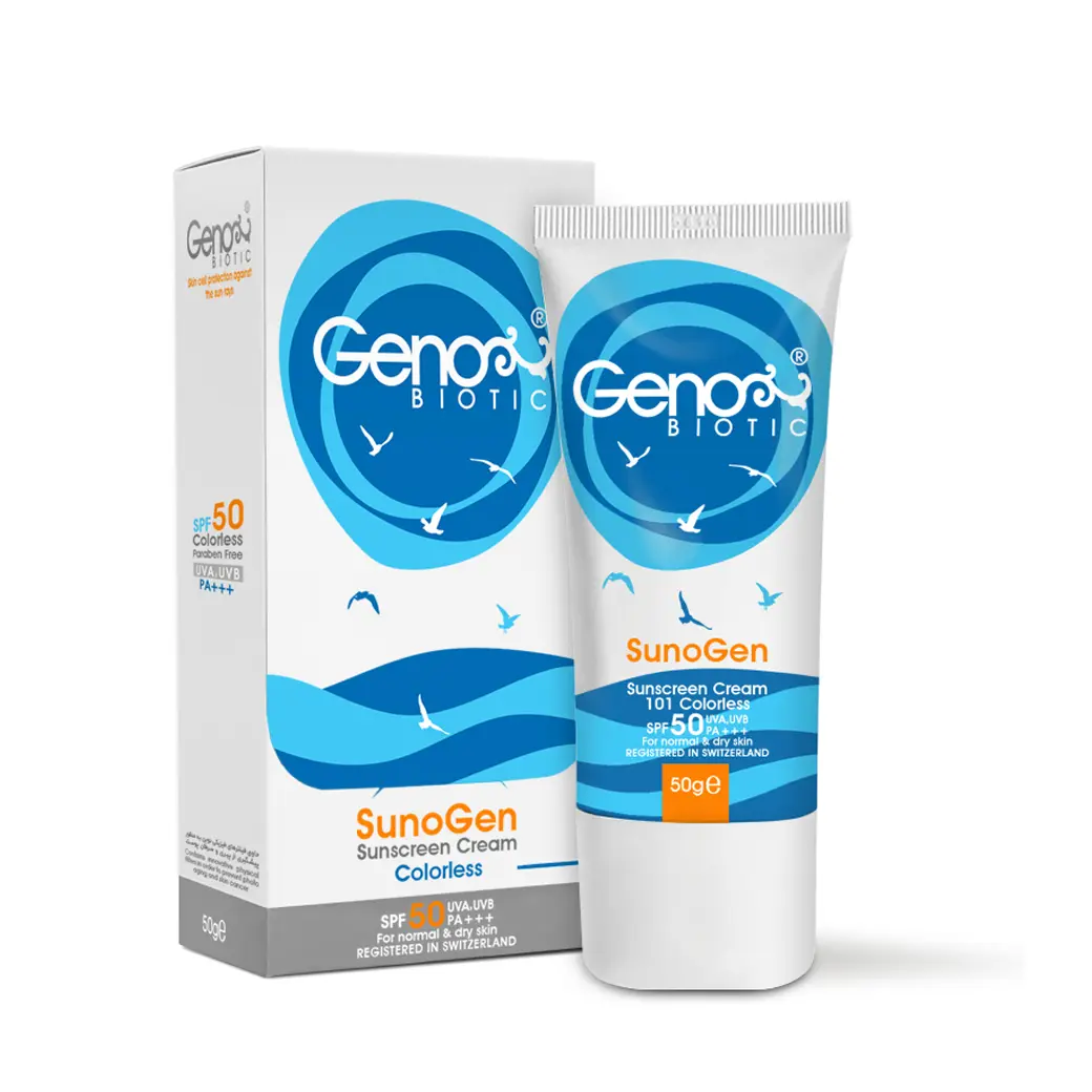 کرم ضد آفتاب ژنوبایوتیک بی رنگ مناسب پوست خشک و معمولی SPF50 حجم 50 میل
