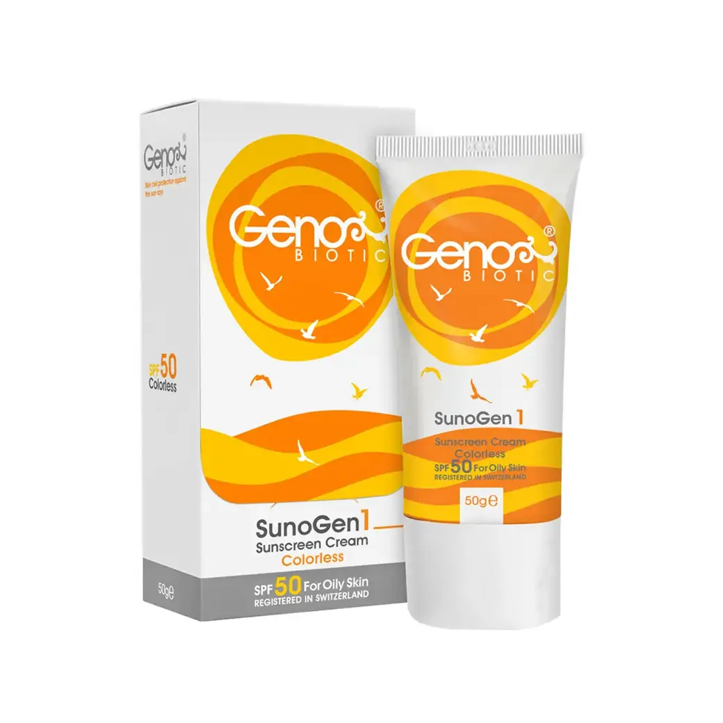 کرم ضد آفتاب ژنوبایوتیک بی رنگ مناسب پوست چرب و مختلط SPF50 حجم 50 میل