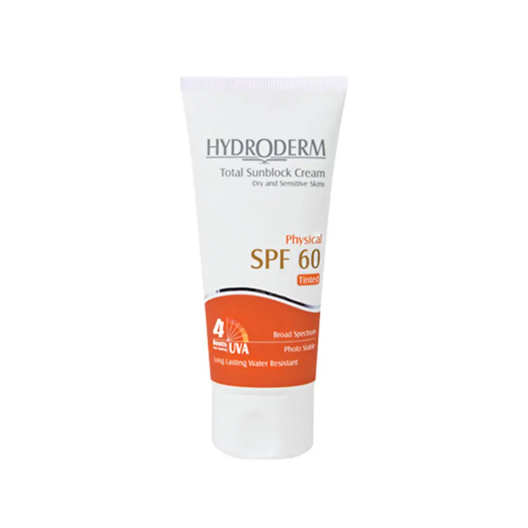 کرم ضد آفتاب رنگی هیدرودرم فیزیکال SPF60 مناسب پوست خشک و حساس 50 میل